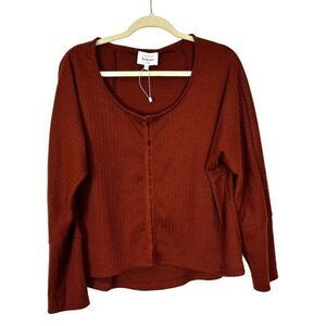 Bohme Women's Brown Knit Long-Sleeve Scoop Neck Top Hook & Eye Boxy Medium Shirt